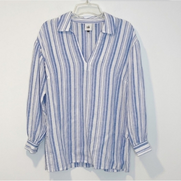 CAbi Blue Striped Linen Blend Pacific Tunic Top Size Medium - Picture 2 of 7